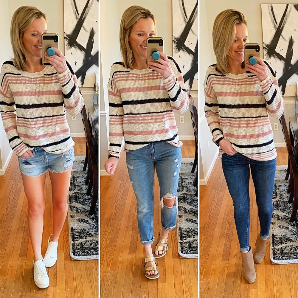 Ivory/Pink/Navy Striped Spring Sweater - Picture 2 of 7